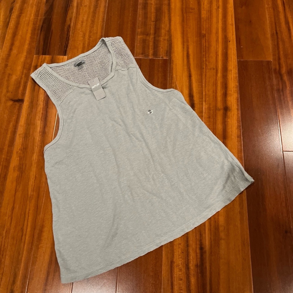 New NWT Aerie Gray Tank‎ Top Linen Blend Sleeveless Mesh Racerback Size XS
